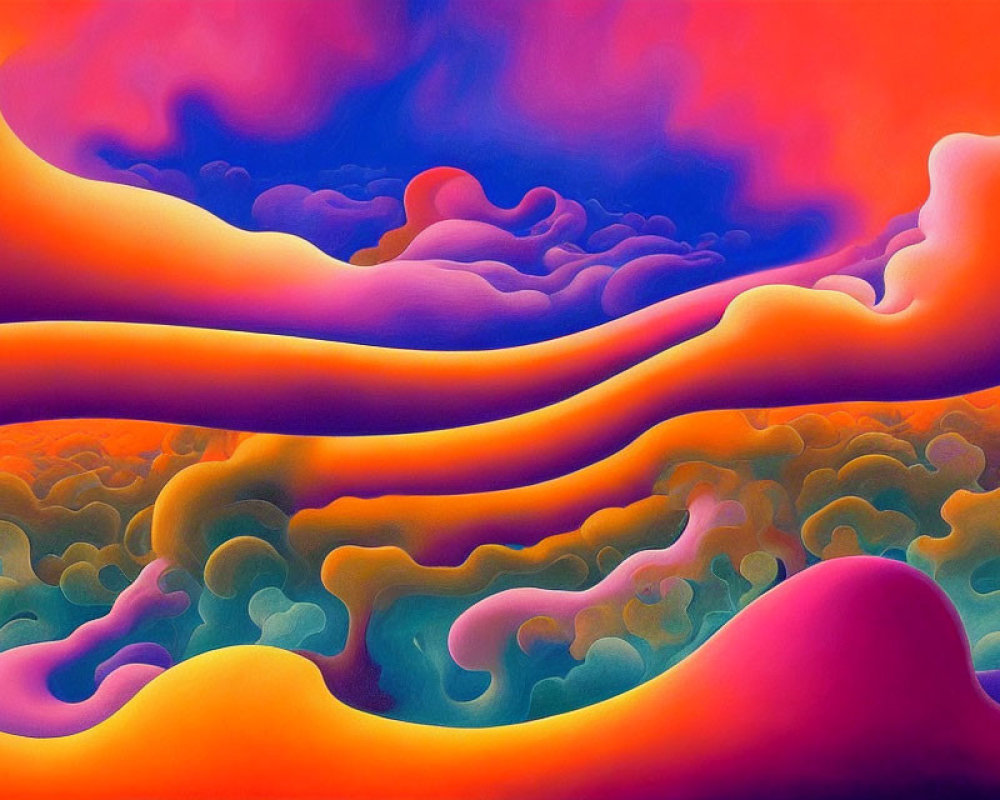 Colorful Abstract Painting: Orange, Purple, and Blue Undulating Shapes