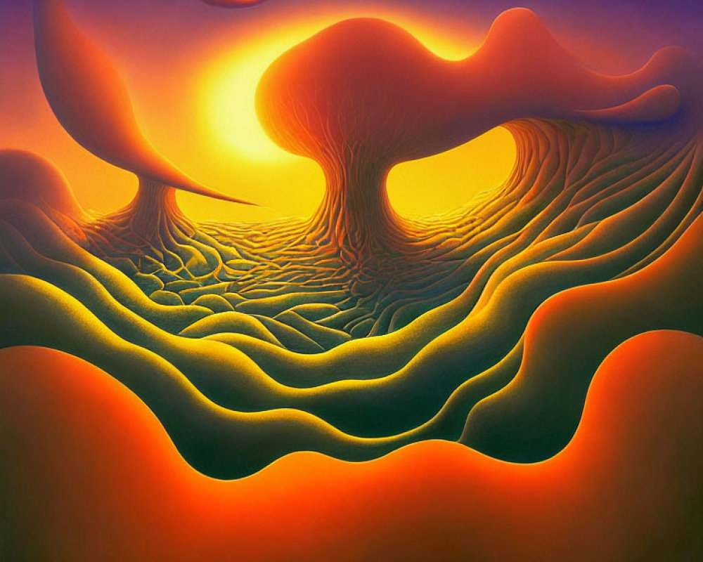 Surreal landscape with undulating orange and yellow hills under a glowing sun