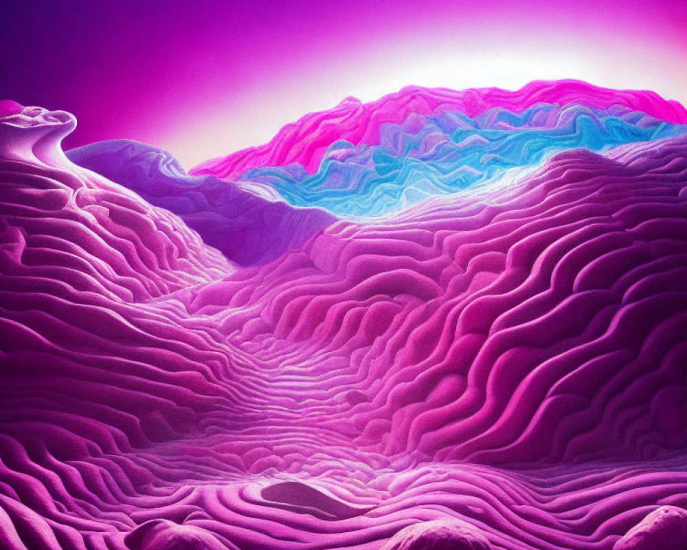 Colorful digital artwork: Layered terrain in pink, purple, and blue under magenta sky