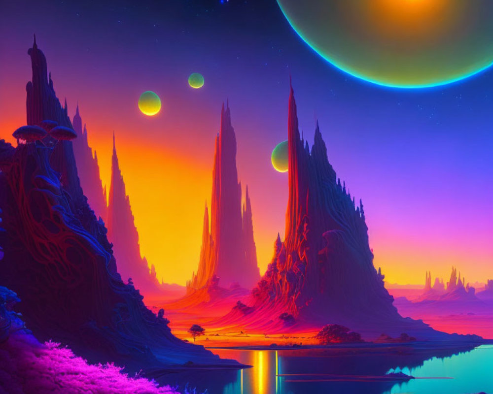 Vibrant sci-fi landscape with rock formations, reflective lake, purple foliage, moons, starry