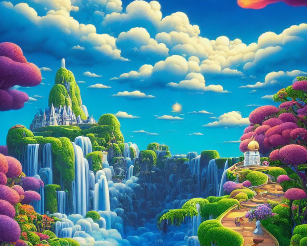 Fantasy landscape with castle, waterfalls, trees, gazebo, and colorful clouds