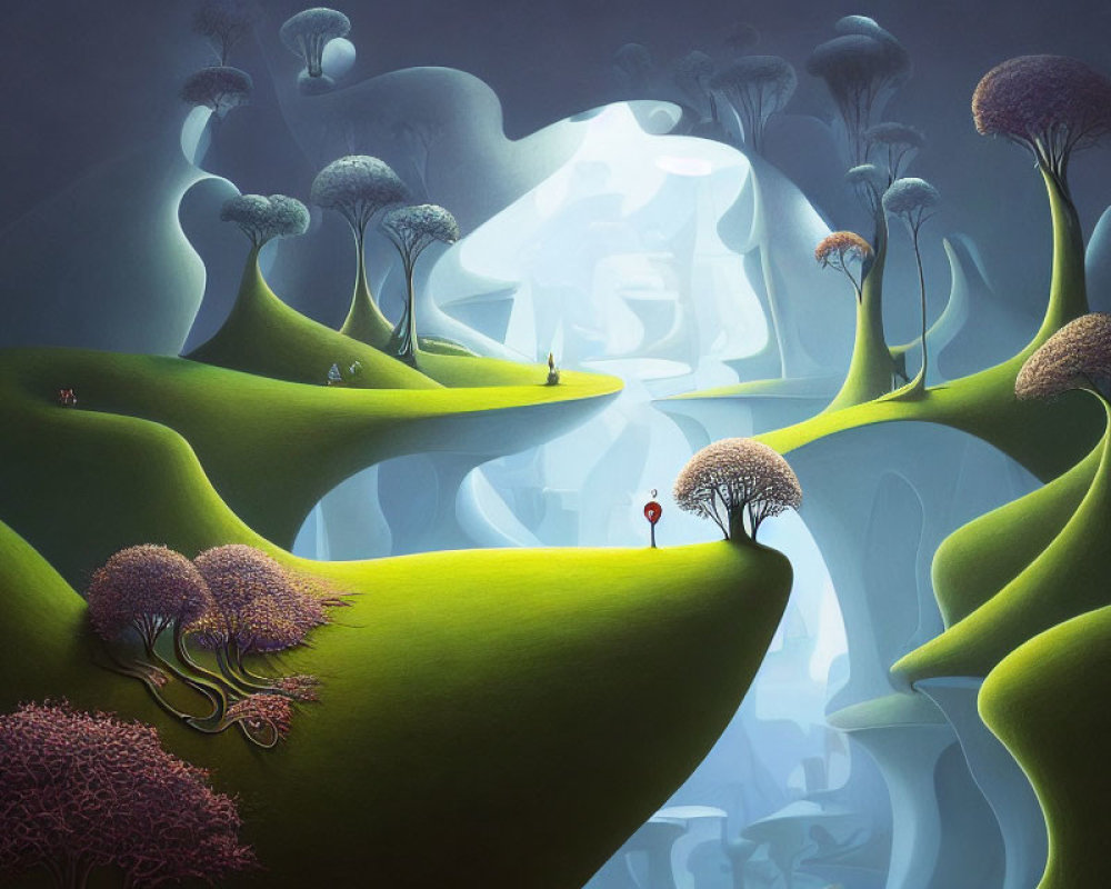 Surreal Landscape: Rolling Green Hills & Oversized Mushroom Trees