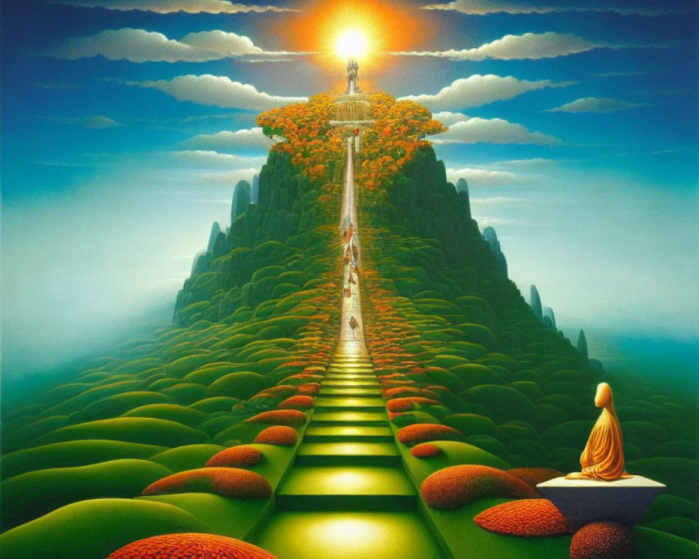 Surreal landscape with meditating monk, glowing figure on mountain