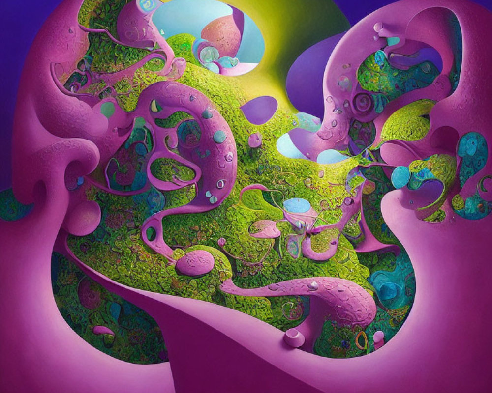 Colorful Abstract Painting: Swirling Purple, Green, and Pink Patterns