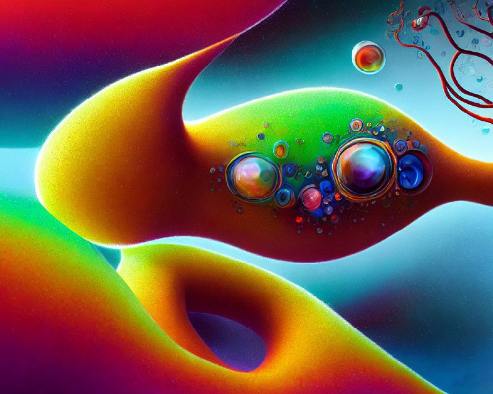 Vibrant abstract art: fluid shapes, bubbles, alien figure, cosmic backdrop