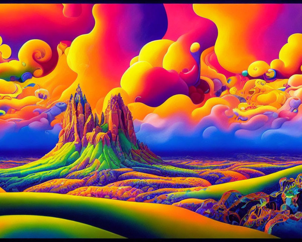 Colorful surreal landscape with central rocky formation and swirling clouds