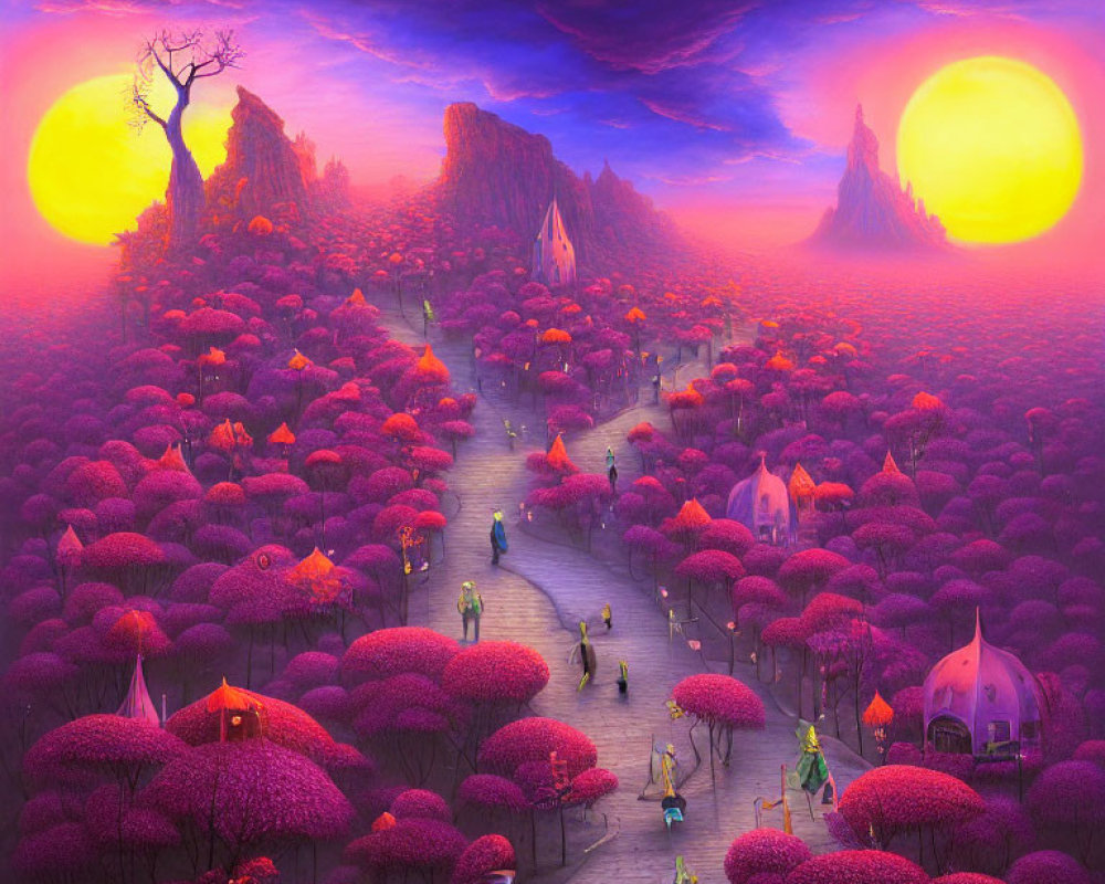 Dual suns setting over vibrant fantasy landscape with colorful characters and whimsical structures.