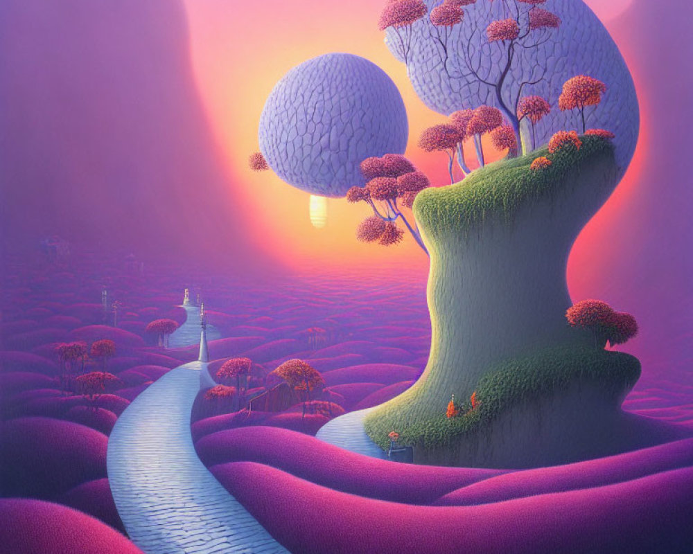 Surreal landscape with purple hues, winding path, lighthouse, round canopy trees, undulating