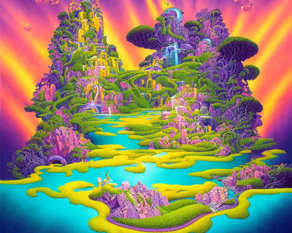 Fantastical landscape with lush greenery, waterfalls, and purple sky