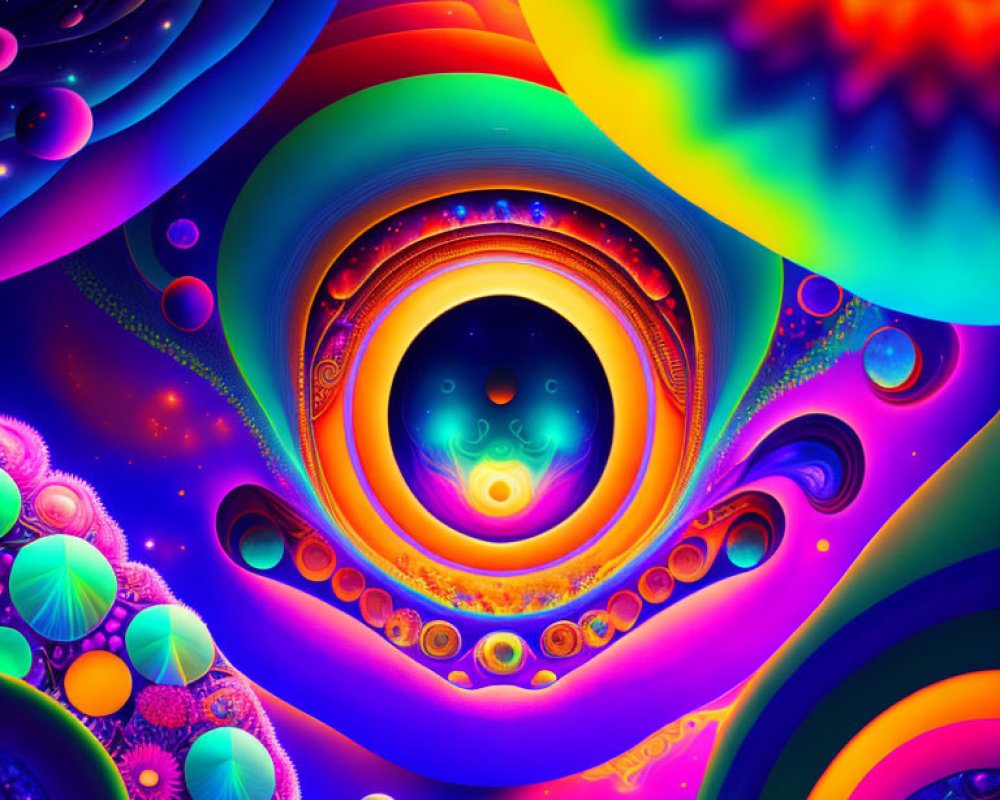 Colorful Psychedelic Artwork with Spiraling Vortex and Abstract Shapes