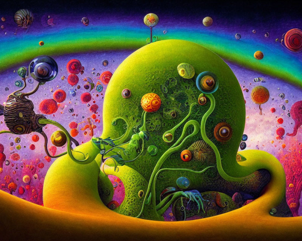 Colorful surreal landscape with green planet and floating orbs