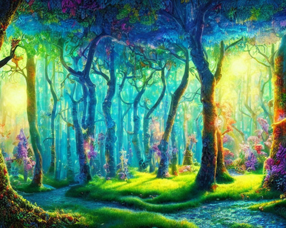 Enchanted forest with twisted trees and colorful flora