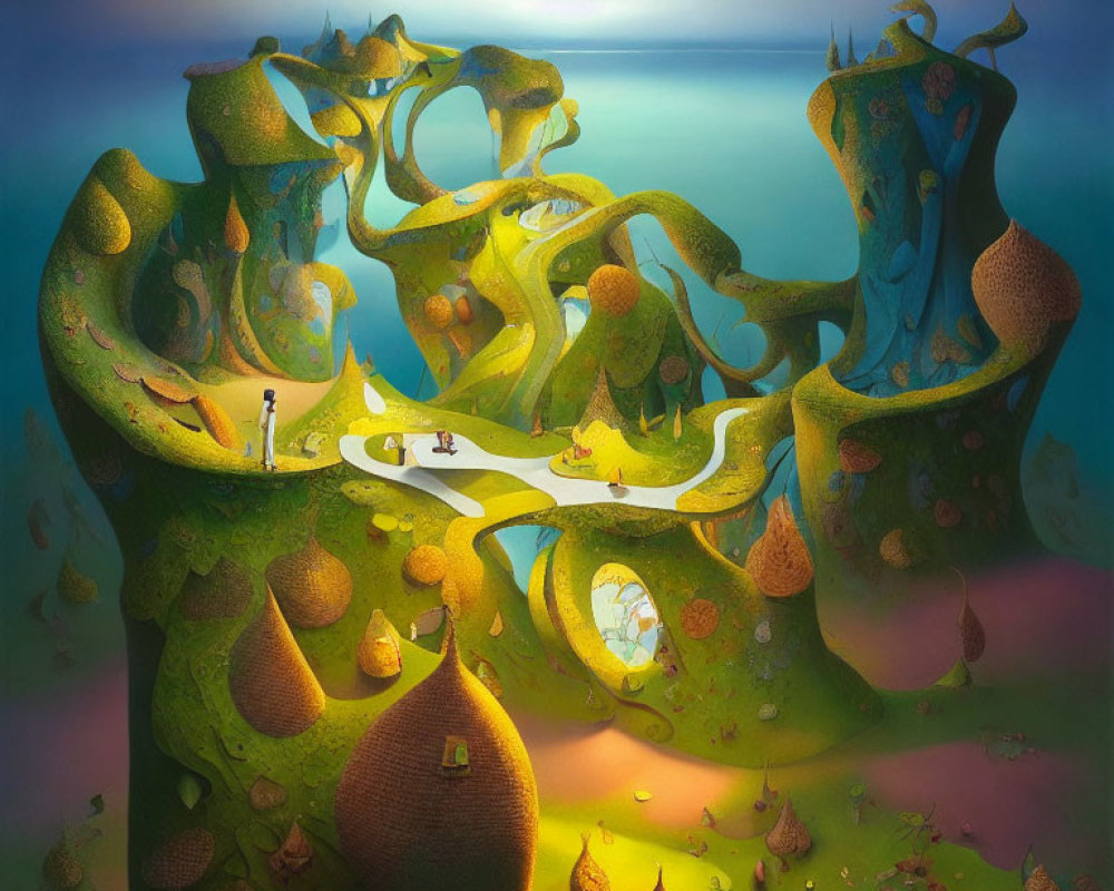 Surreal landscape with green structures, floating islands, and figure on checkerboard ground