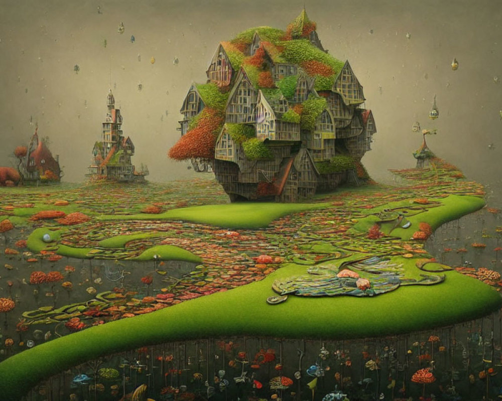 Whimsical floating island with surreal houses and creatures