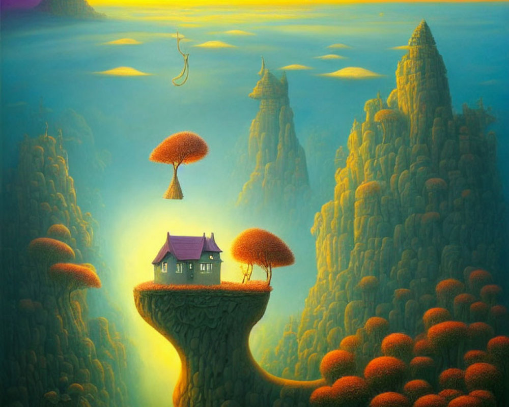 Vibrant surreal landscape with floating islands and mushroom-like trees