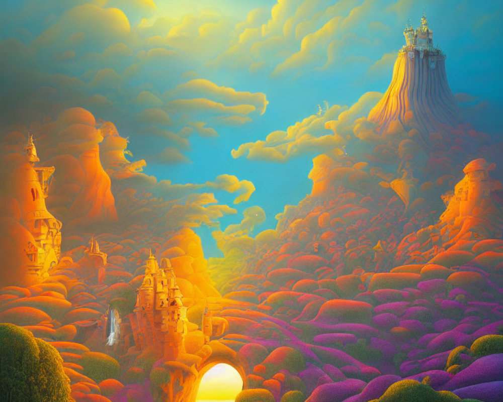 Colorful Fantasy Landscape with Vibrant Vegetation and Castles on Cliffs