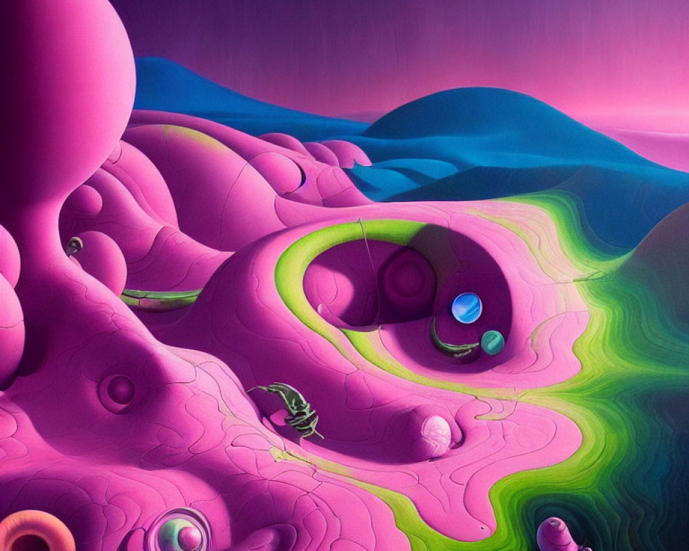 Surreal landscape with pink hills, snail shapes, green pond, and solitary figure fishing.