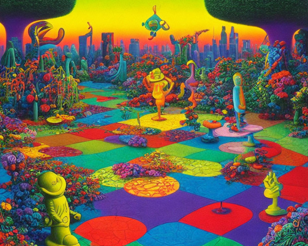 Colorful Psychedelic Garden with Alien Sculptures and City Skyline