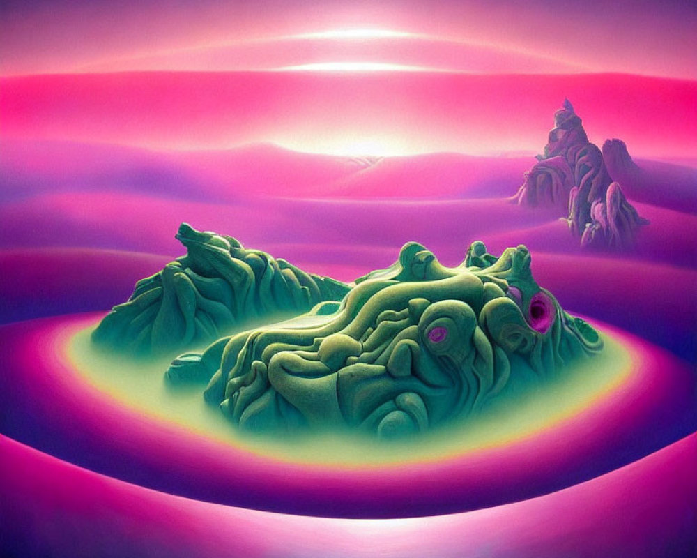 Vibrant pink and purple surreal landscape with undulating hills and reflective water