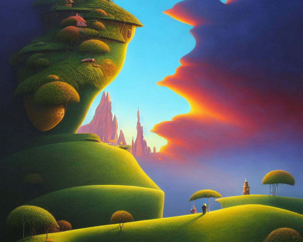 Surreal landscape with green hills, whimsical trees, split day-night sky, and towering hill