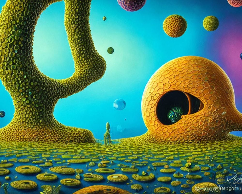 Person standing on vibrant alien landscape with organic structures and eye-like dwelling