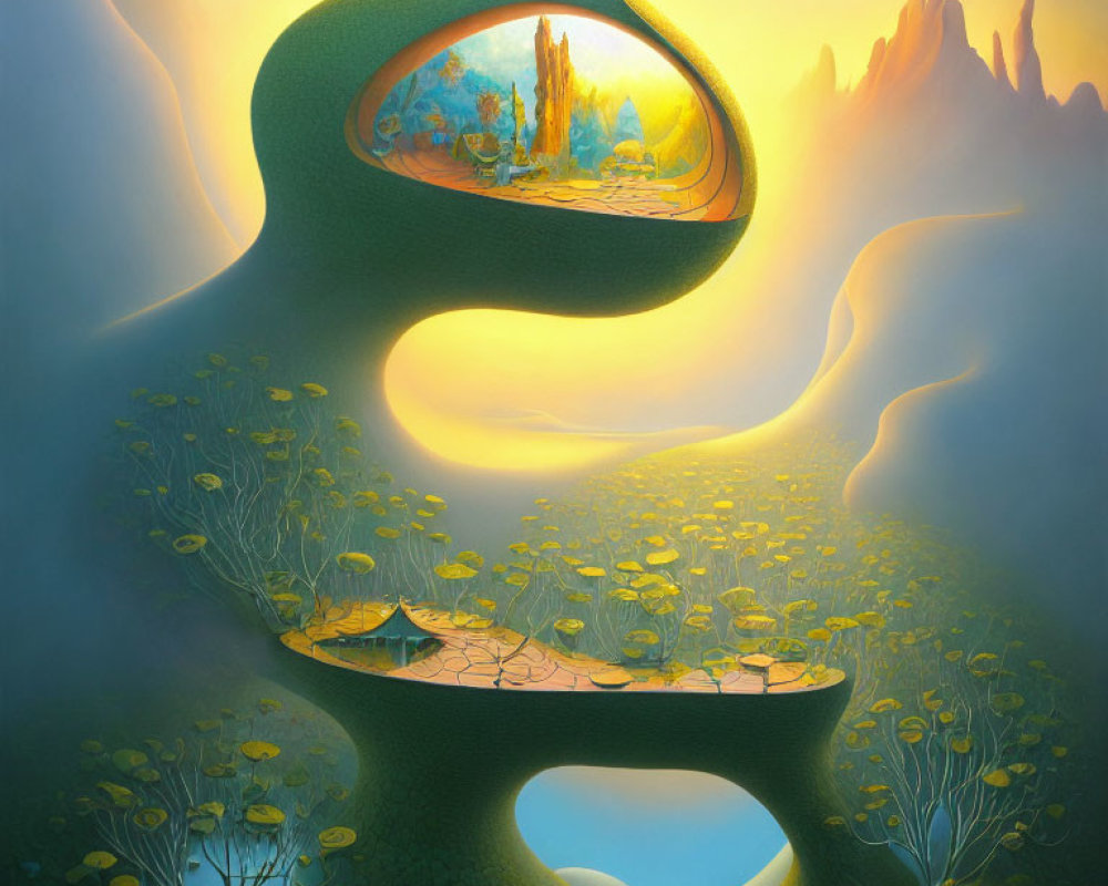 Surreal landscape with floating eye-shaped island and vibrant ecosystem