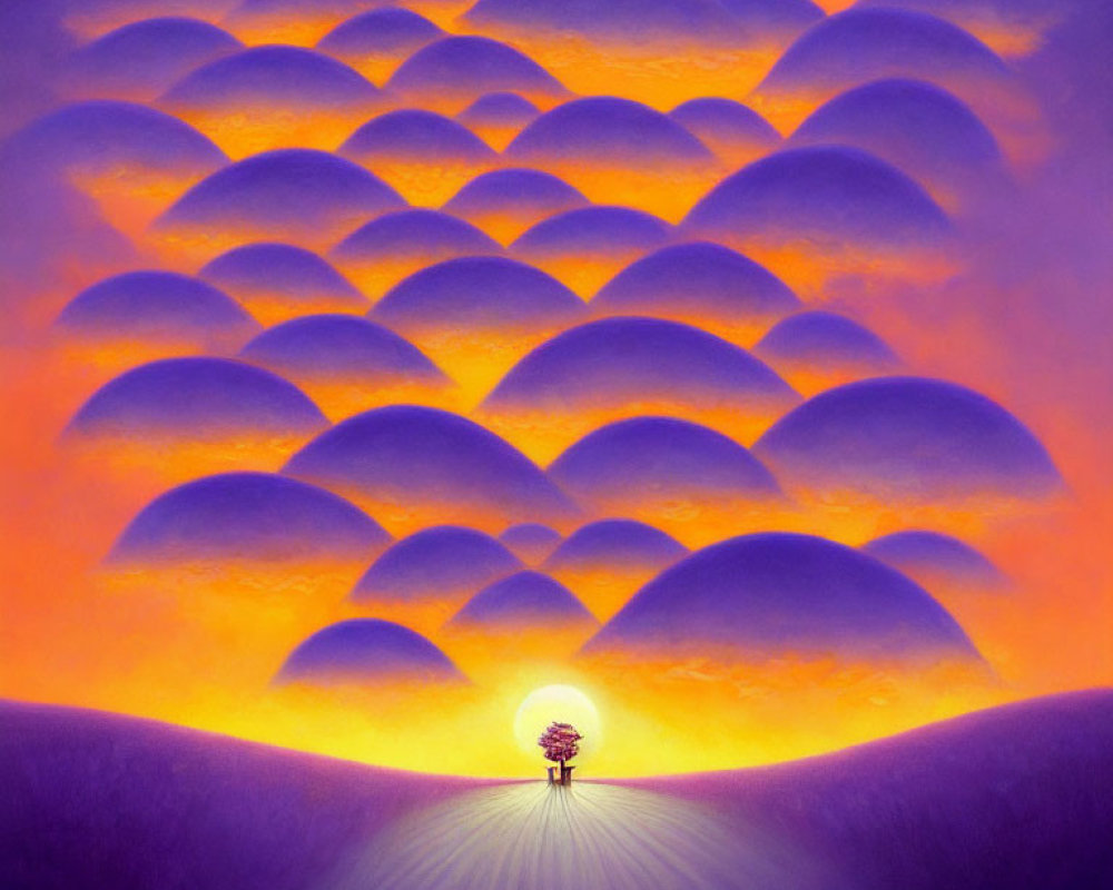 Surreal landscape with purple hills, orange sky, and glowing tree