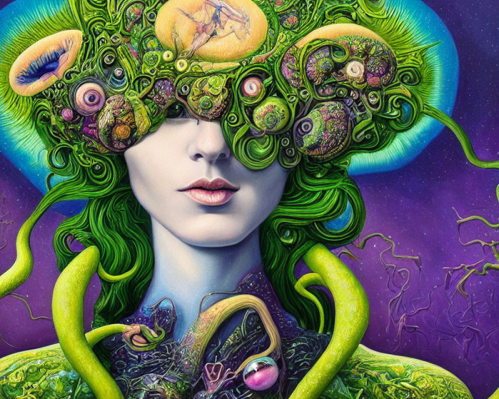 Vibrant surreal portrait of person with green hair and ornate headpiece against cosmic backdrop