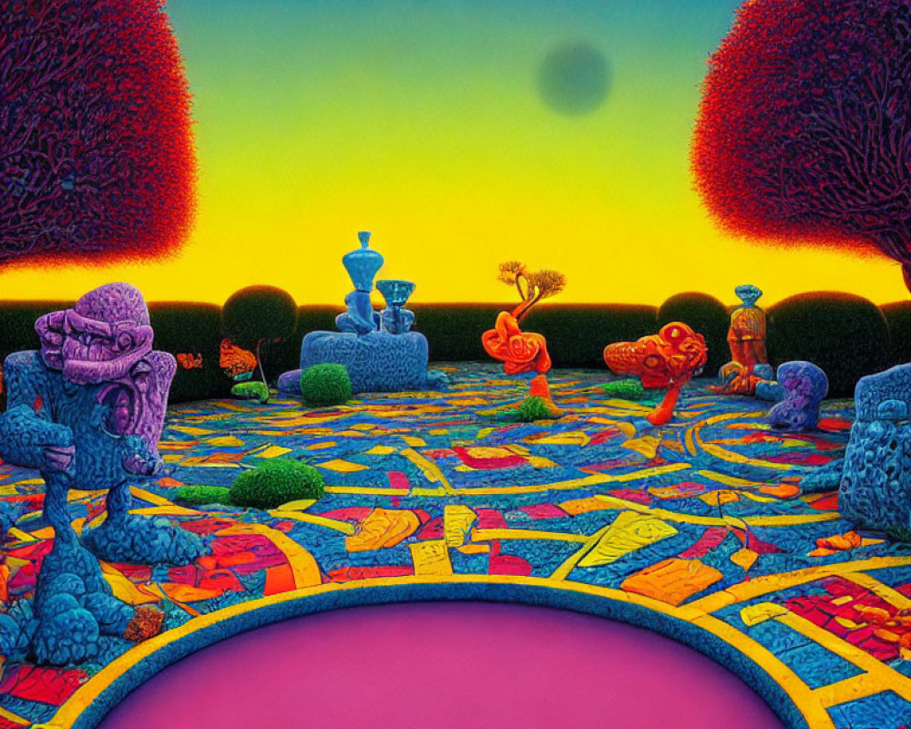 Colorful surreal landscape with mosaic floor, stylized trees, fountain, and sculptural figures.