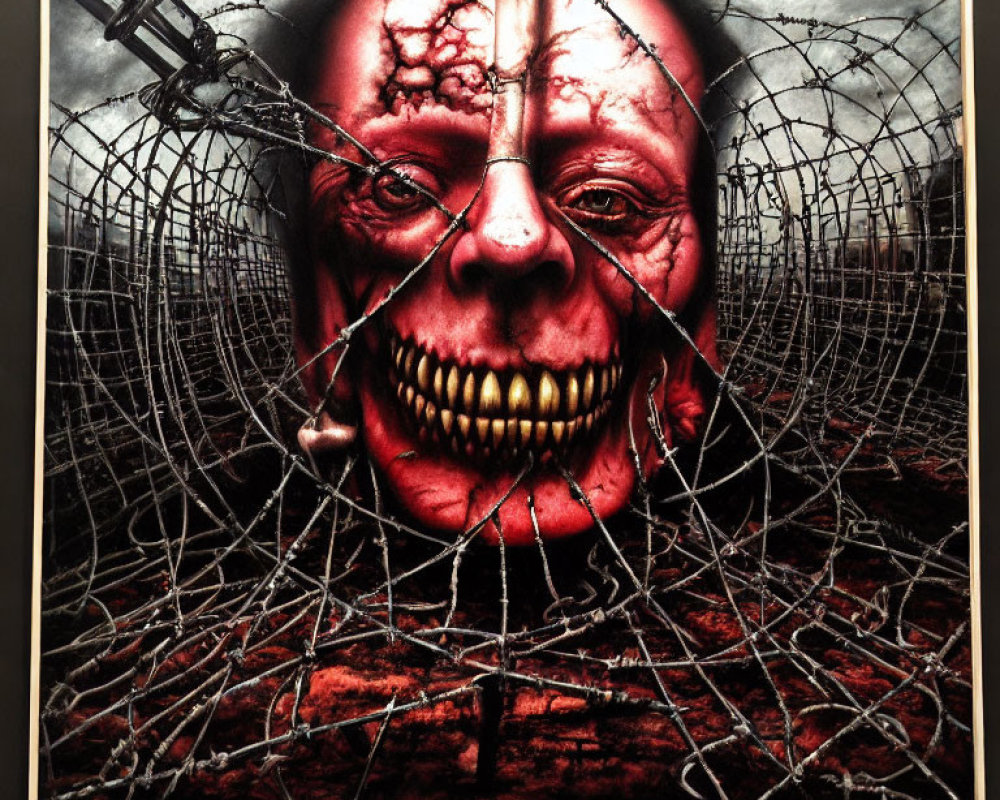 Surreal artwork: Grimacing face, cracked skin, barbed wire, crane, foreb