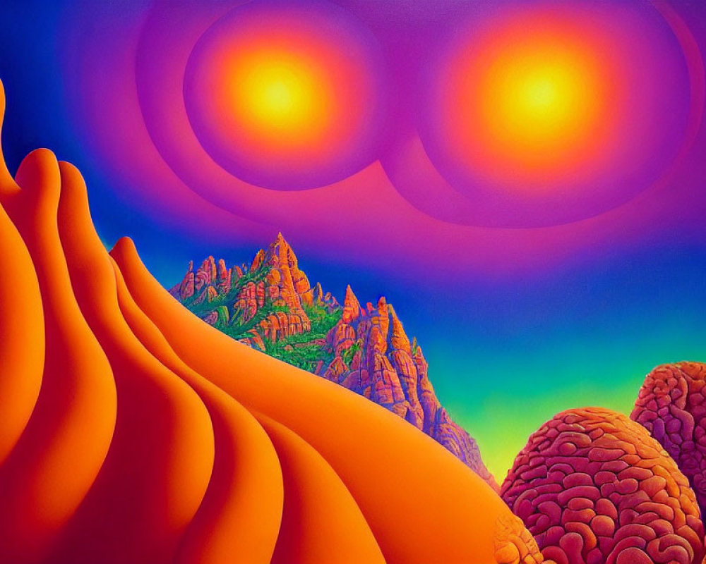 Surreal landscape with orange shapes, rock formations, and purple sky