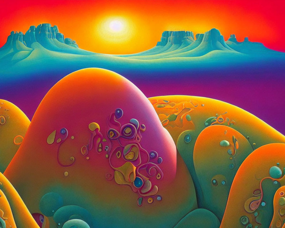 Colorful surreal landscape with egg-like hills and flat-top mountains under twilight sky