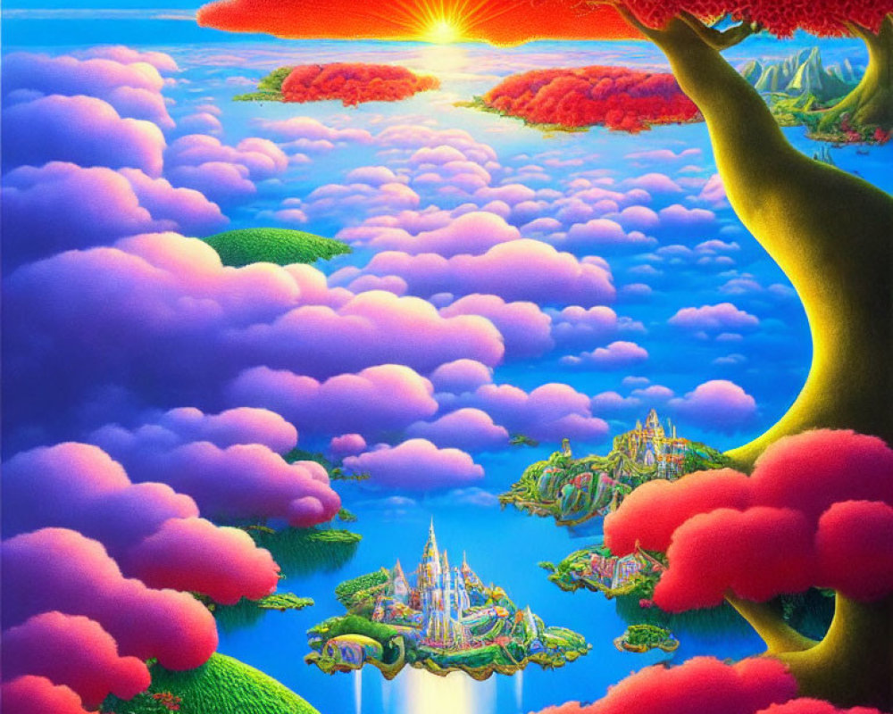 Surreal landscape with pink clouds, golden sunset, green tree & floating castles