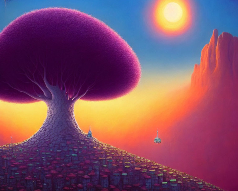 Surreal landscape with large purple tree, cubic ground, small figures, lanterns, red mountain