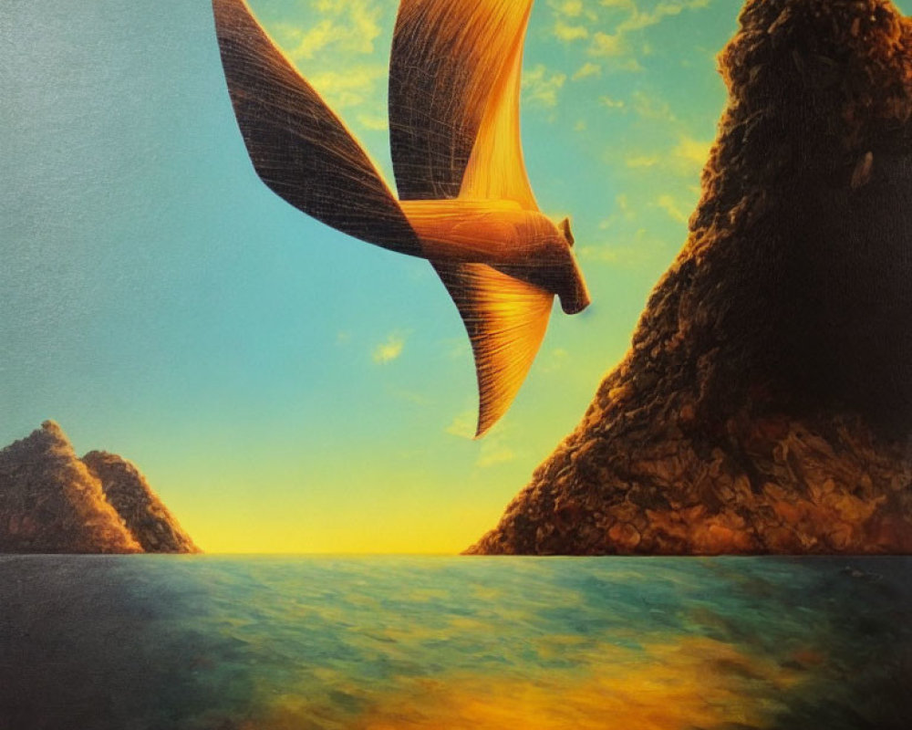 Surreal bird painting between towering cliffs at sunset