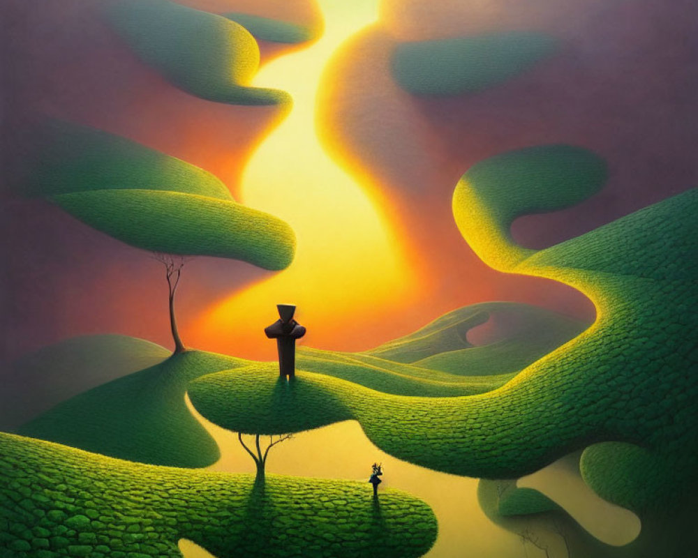 Surreal landscape with green hills, person under tree, vibrant sunset