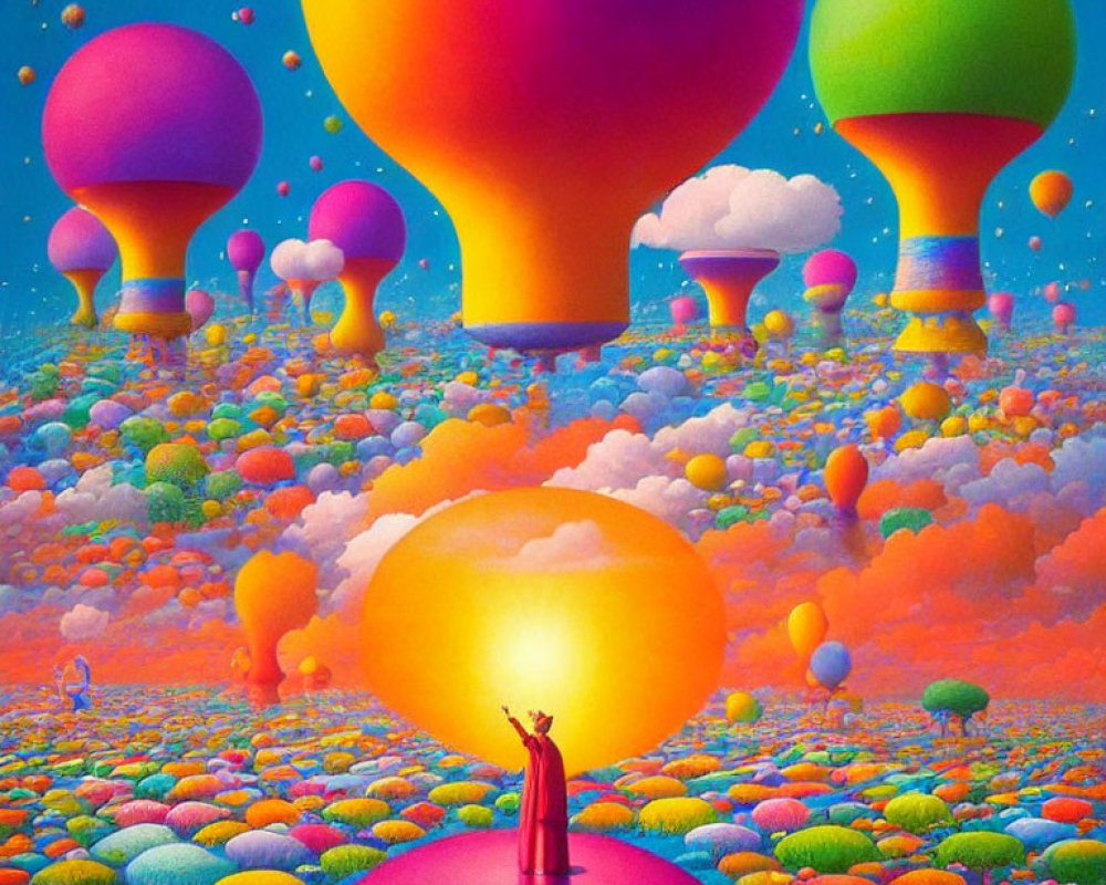 Colorful surreal landscape with person on sphere & balloon-like trees