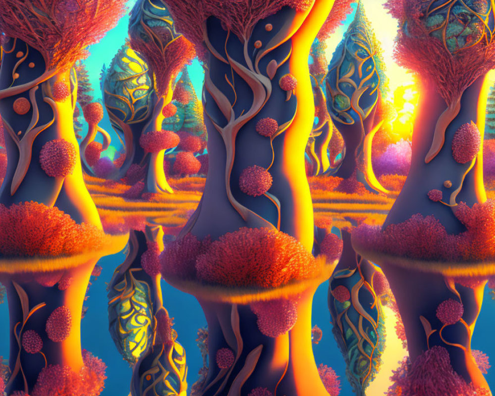 Fantasy forest with neon colors and whimsical tree shapes