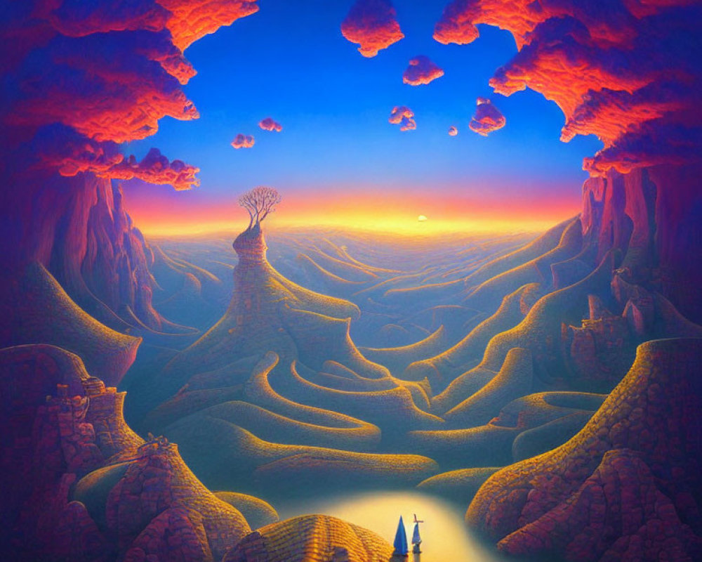 Surreal sunset landscape with undulating hills, lone figure, tree, and pink clouds