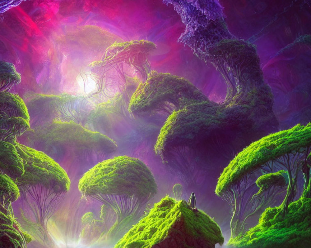 Vibrant green forest with purple-pink hues, mist, and serene waters