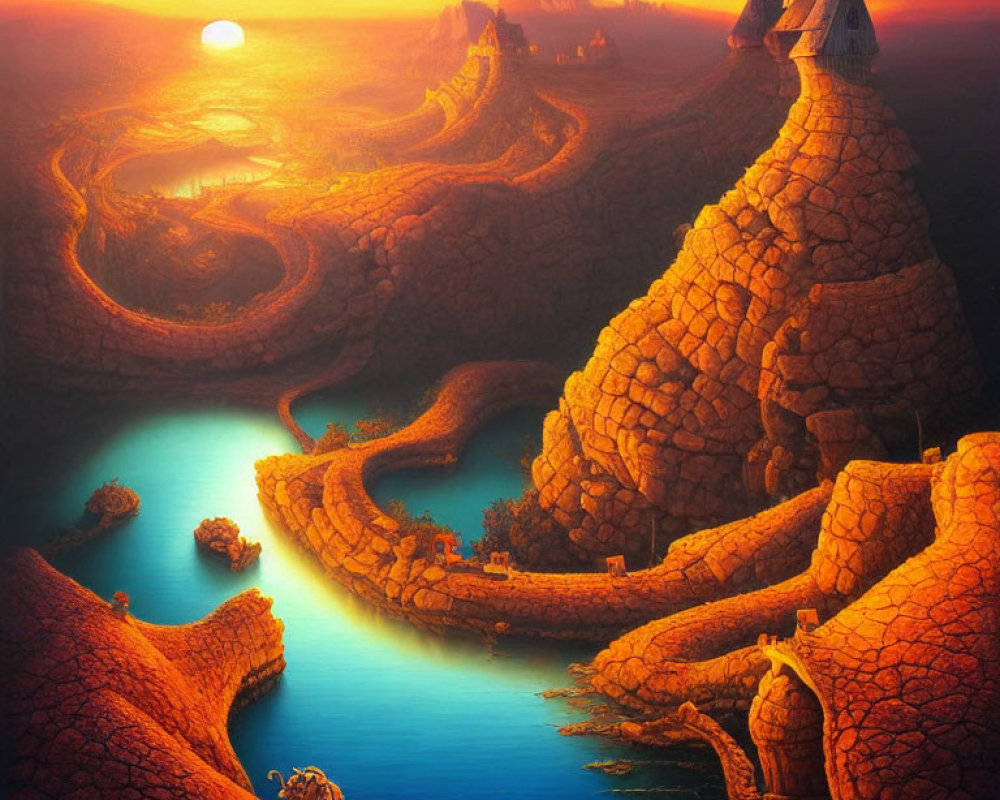 Vibrant orange sunset sky over whimsical cliff houses and serpentine rock formations