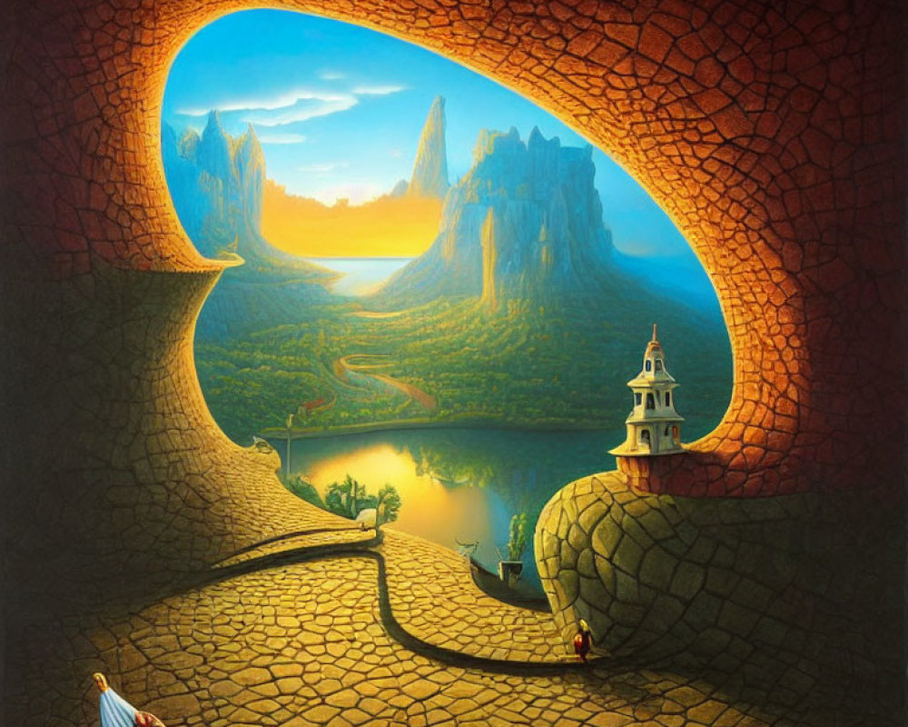 Fantasy landscape with archway, river, rock formations, castle, and figures