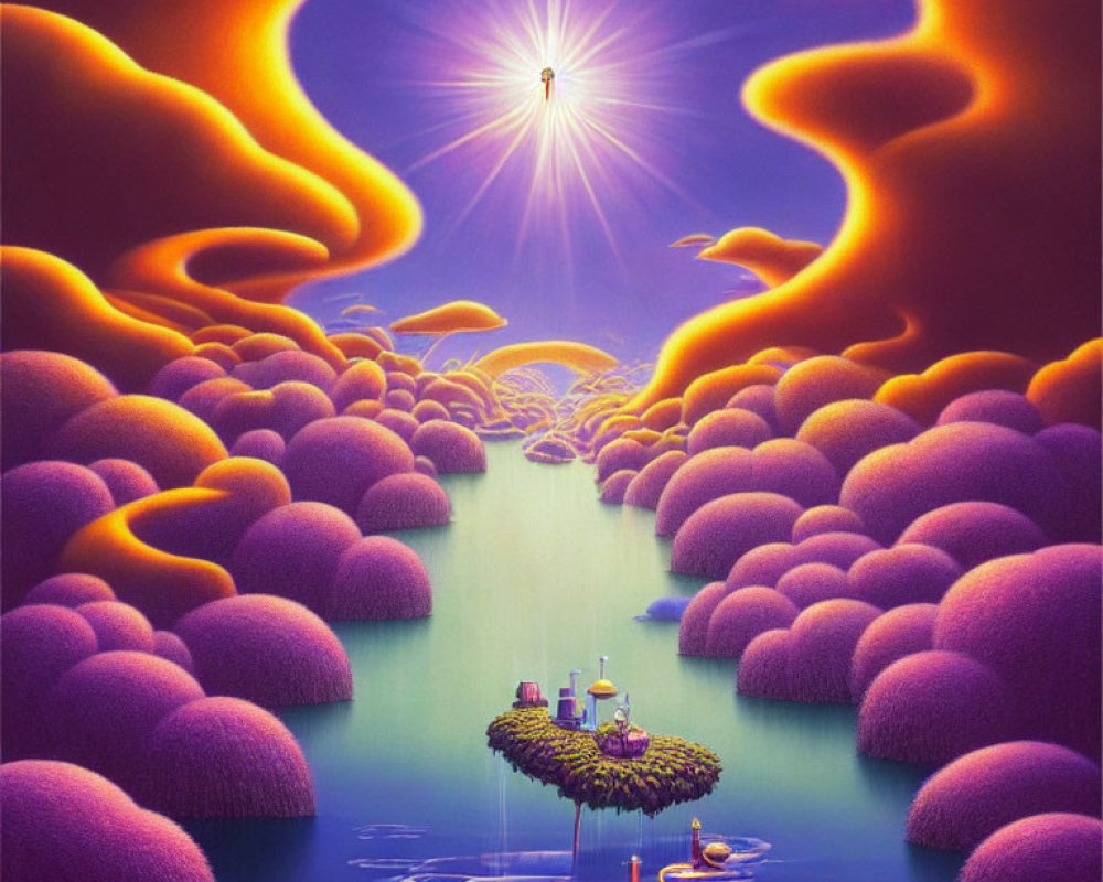 Purple Fluffy Islands in Surreal Landscape with River and Shining Star