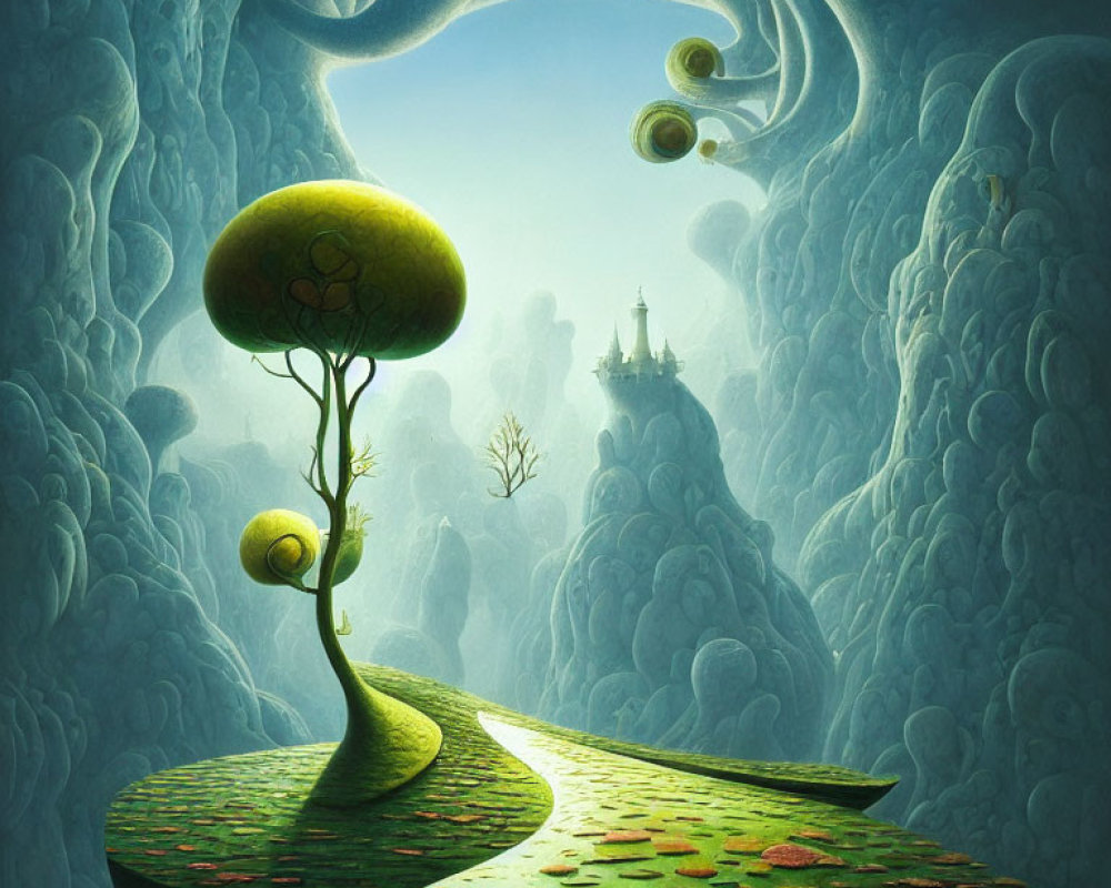 Surreal landscape with whimsical tree, winding path, snail-like hills, and distant castle