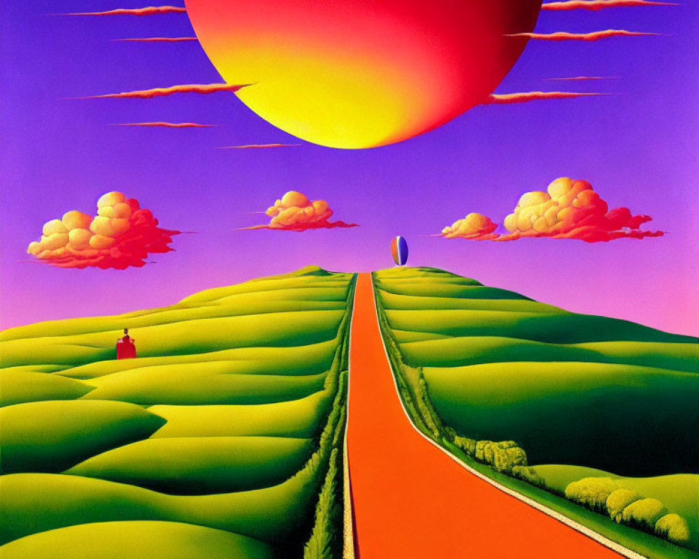 Surreal landscape with green hills, orange road, pink sky, red sun