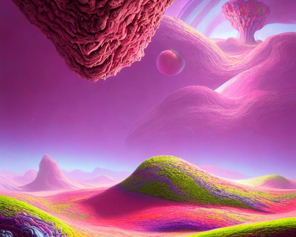 Vibrant surreal landscape with purple hues, rolling hills, and textured rock formation.