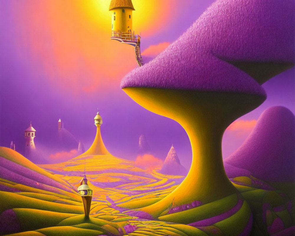 Vibrant sunset sky with oversized mushroom-like structures and houses.