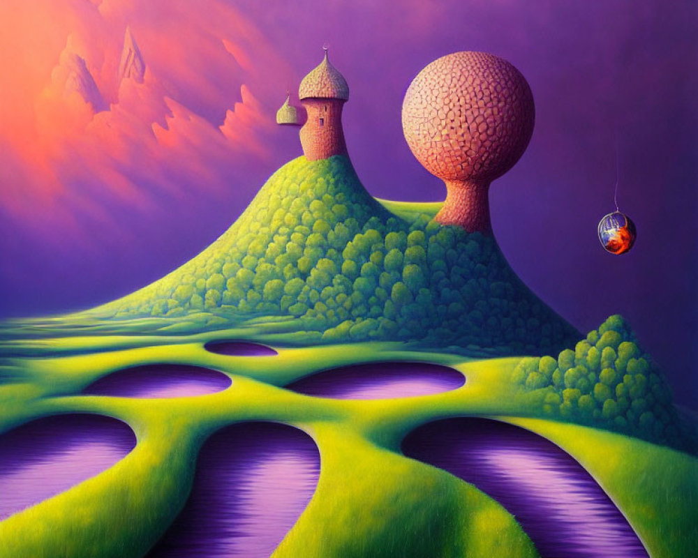 Surreal landscape featuring green hillock, whimsical structures, textured sphere, rivers, and hot