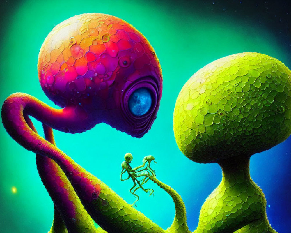 Colorful humanoid figure riding tentacled creature in surreal artwork