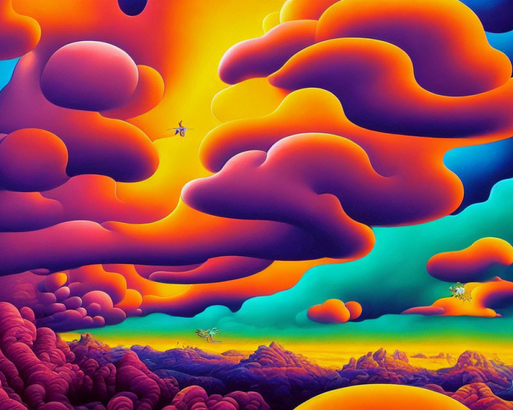 Colorful Surrealist Landscape with Cloud-like Formations and Small White Figures